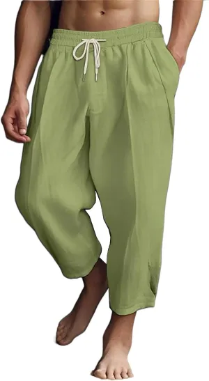 Men's Lightweight Cotton Linen Harem Pants Drawstring Casual Cropped Trousers with Pockets for Beach Yoga Relaxed Wear