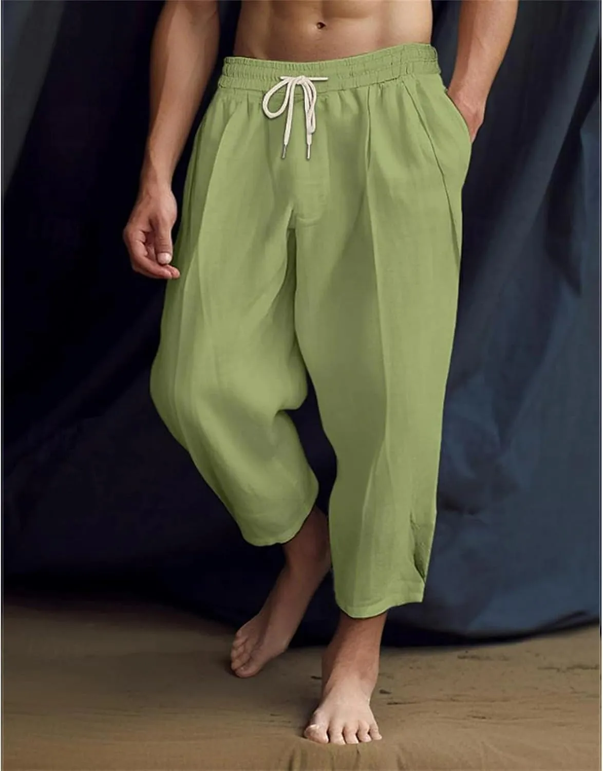 Men's Lightweight Cotton Linen Harem Pants Drawstring Casual Cropped Trousers with Pockets for Beach Yoga Relaxed Wear
