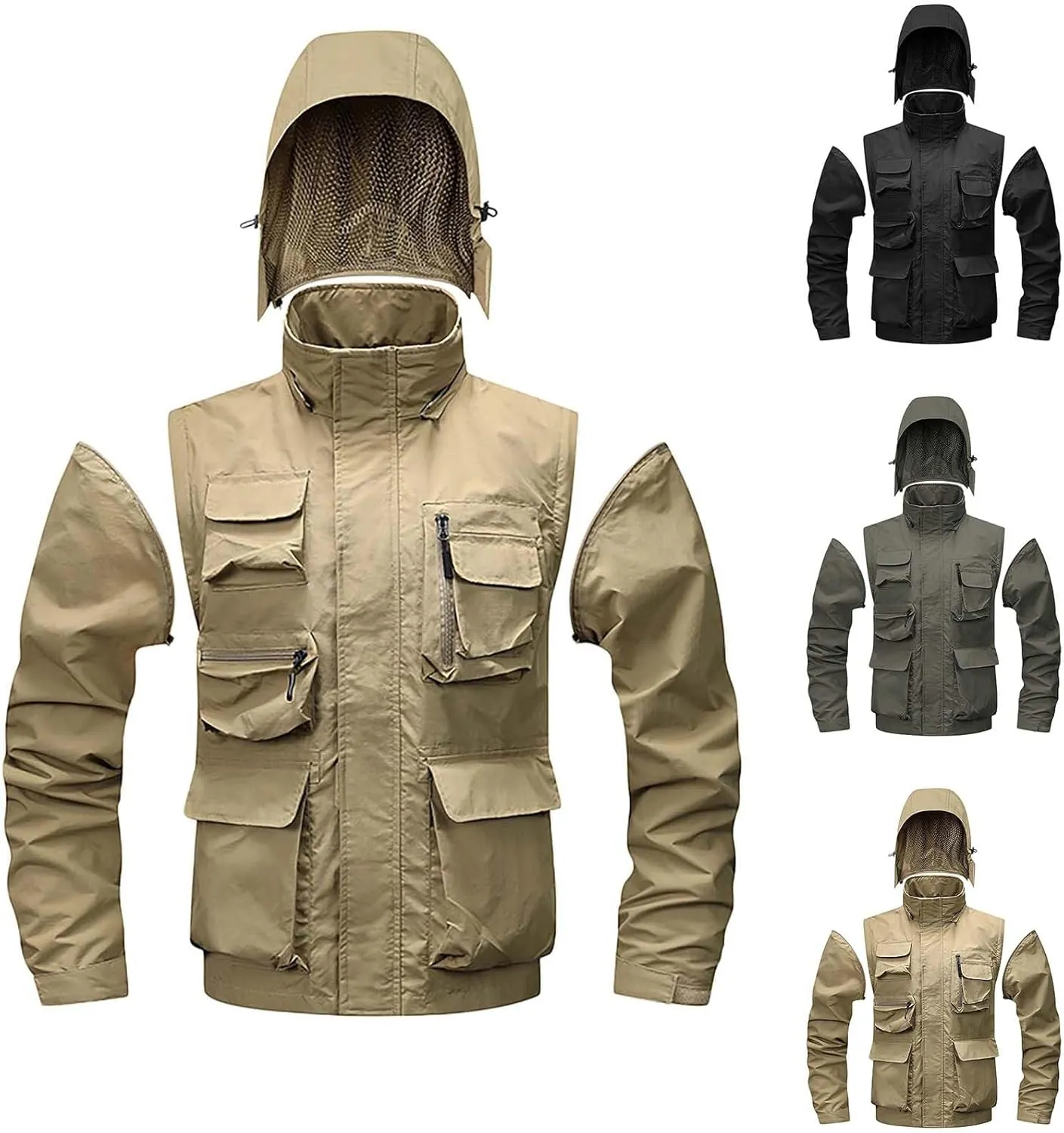 Mens Lightweight Hiking Windproof Jacket Detachable Hood Sleeve Waterproof Hooded Rain Jackets Outdoor Work Jackets
