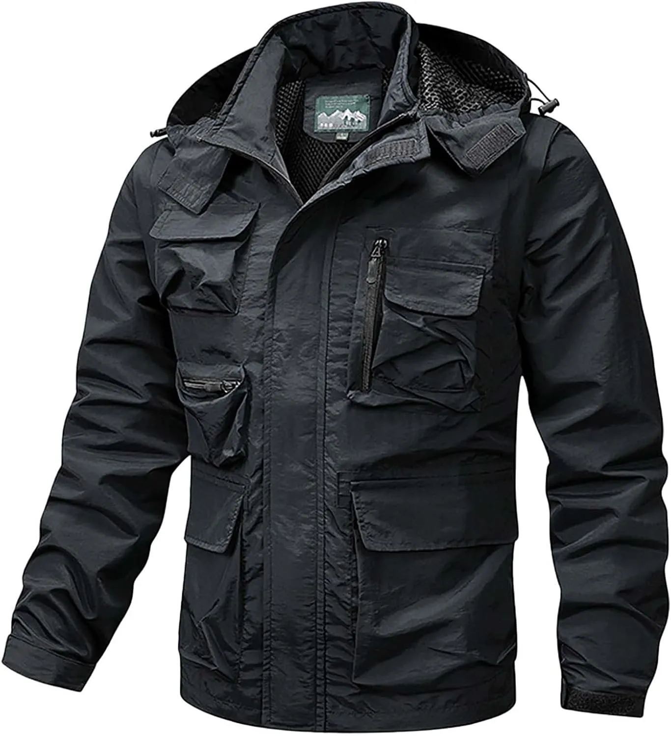 Mens Lightweight Hiking Windproof Jacket Detachable Hood Sleeve Waterproof Hooded Rain Jackets Outdoor Work Jackets