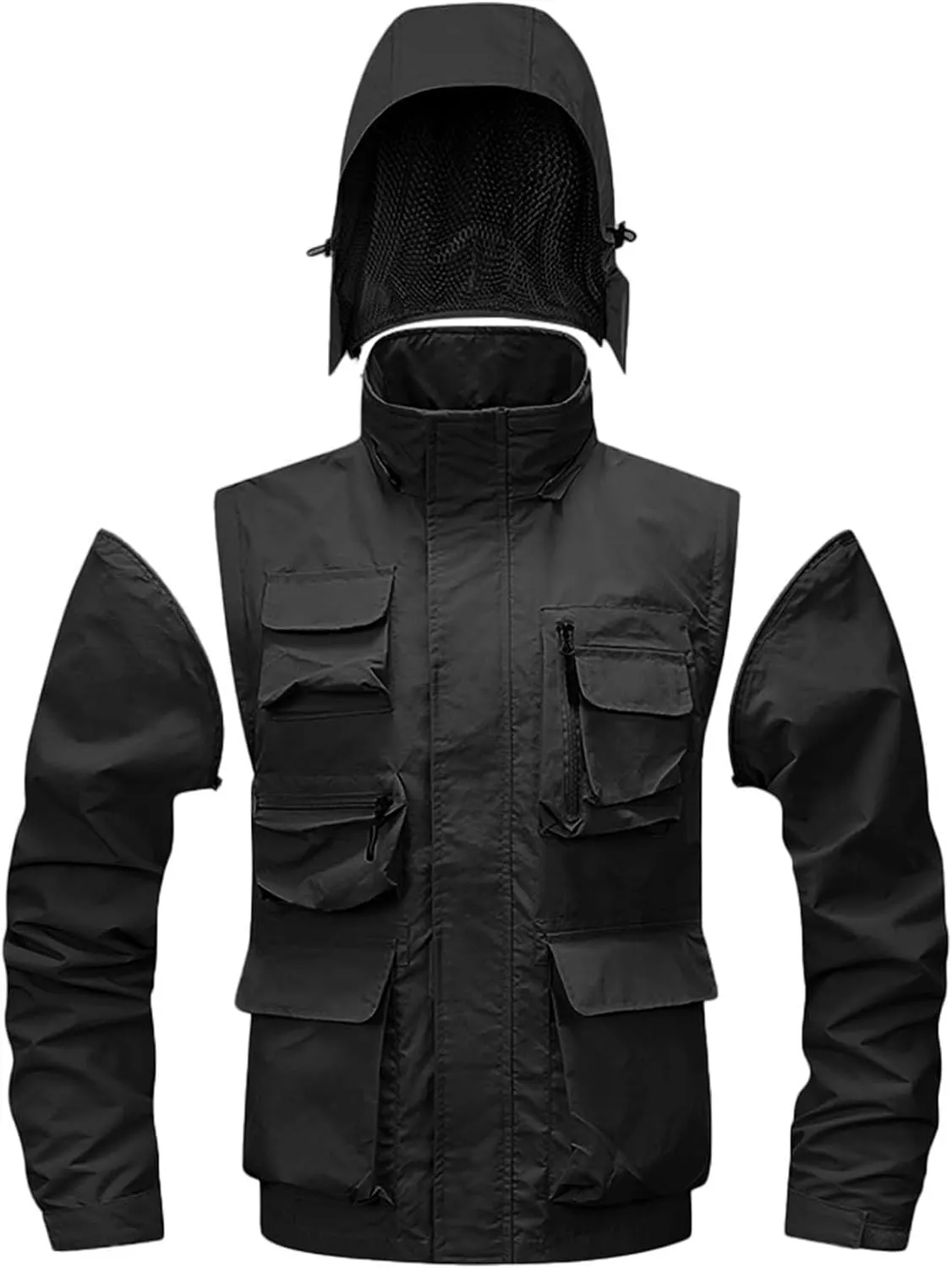 Mens Lightweight Hiking Windproof Jacket Detachable Hood Sleeve Waterproof Hooded Rain Jackets Outdoor Work Jackets