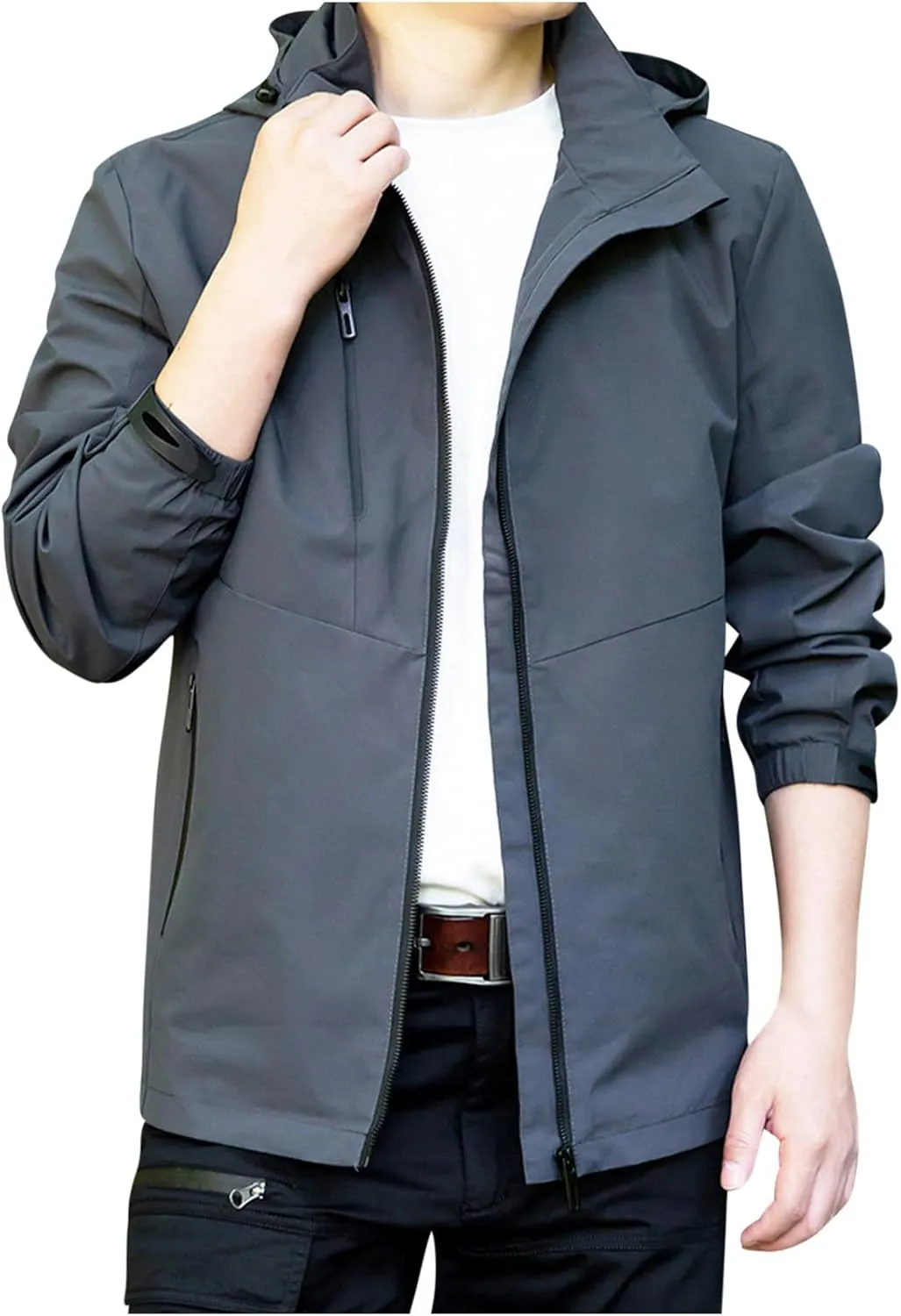 Mens Lightweight Outdoor Track Jackets Full-Zip Waterproof Rain Jacket Raincoat With Hood For Hiking Running Travel