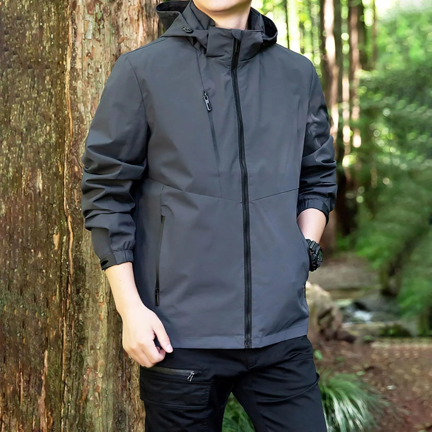 Mens Lightweight Outdoor Track Jackets Full-Zip Waterproof Rain Jacket Raincoat With Hood For Hiking Running Travel