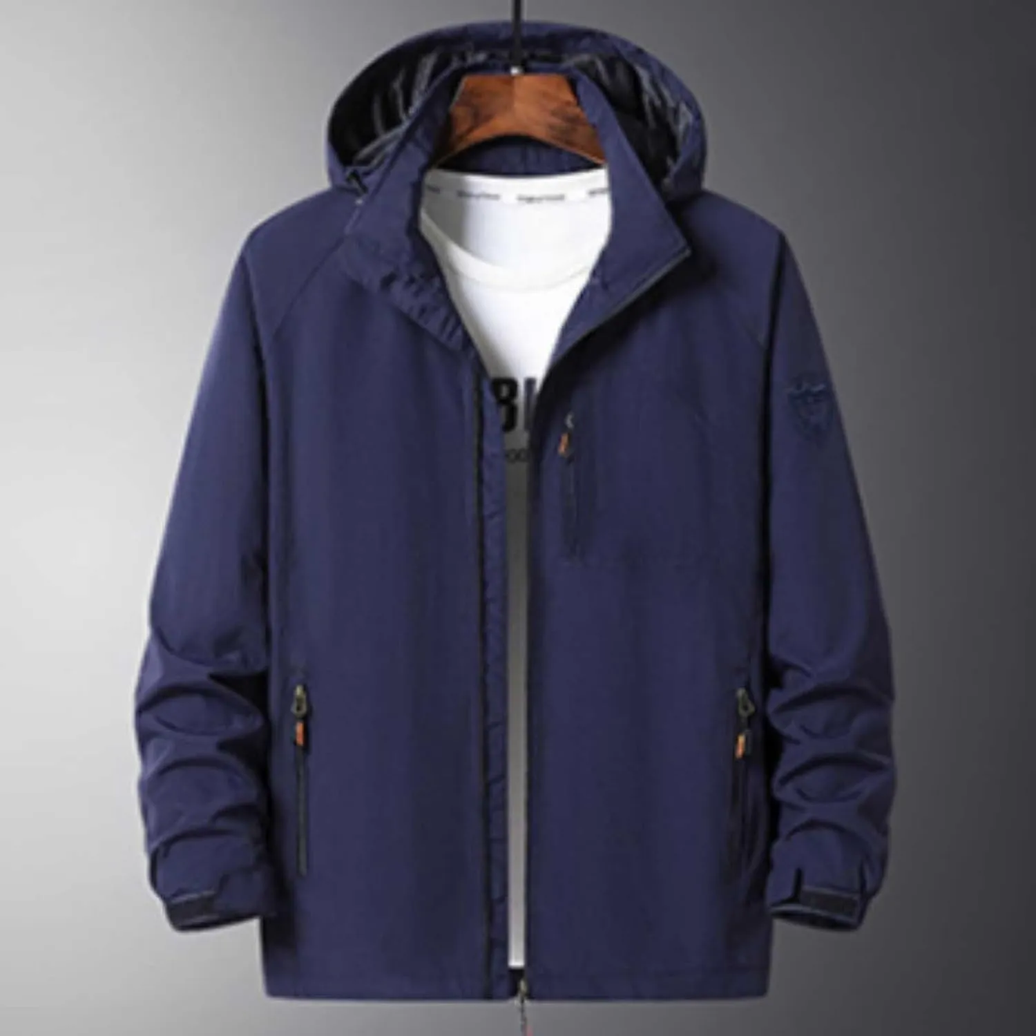 Men's Lightweight Waterproof Rain Jacket Casual Hooded Zipper Outdoor Lightweight Raincoat Hiking Windbreaker Jacket