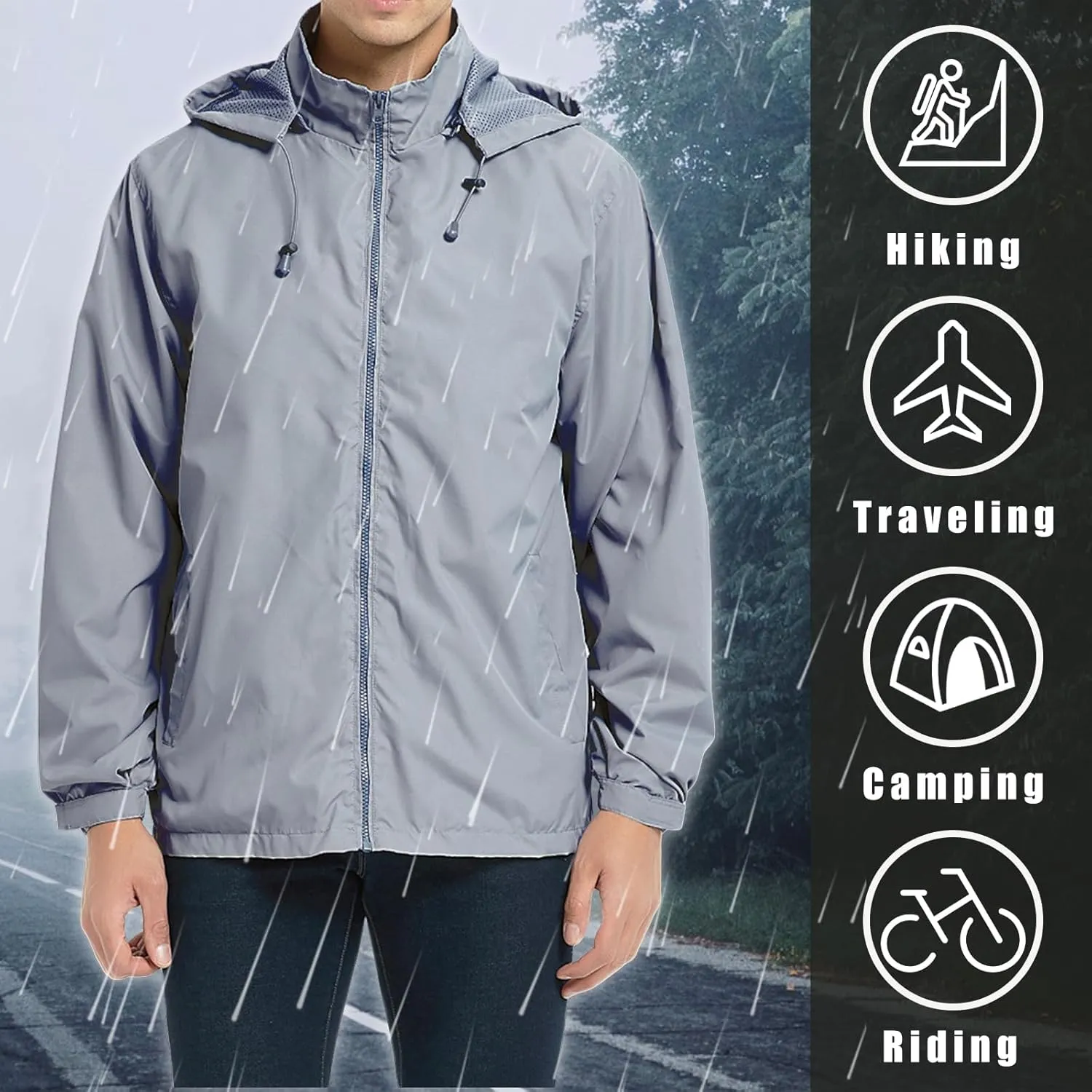 Men's Lightweight Windbreaker Rain Jackets with Removable Hood Waterproof Outdoor Coats