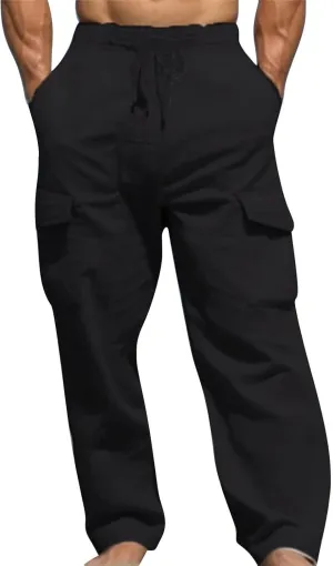 Mens Linen Beach Pants Big Tall Casual Elastic Waist Summer Beach Pants Lightweight Breathable Yoga Vacation Trouser