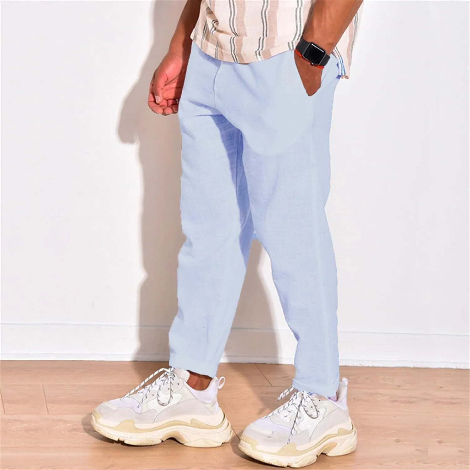 Men's Linen Cotton Pants Casual Beach Trousers Fit Elastic Waist Joggers Drawstring Pants for All Season