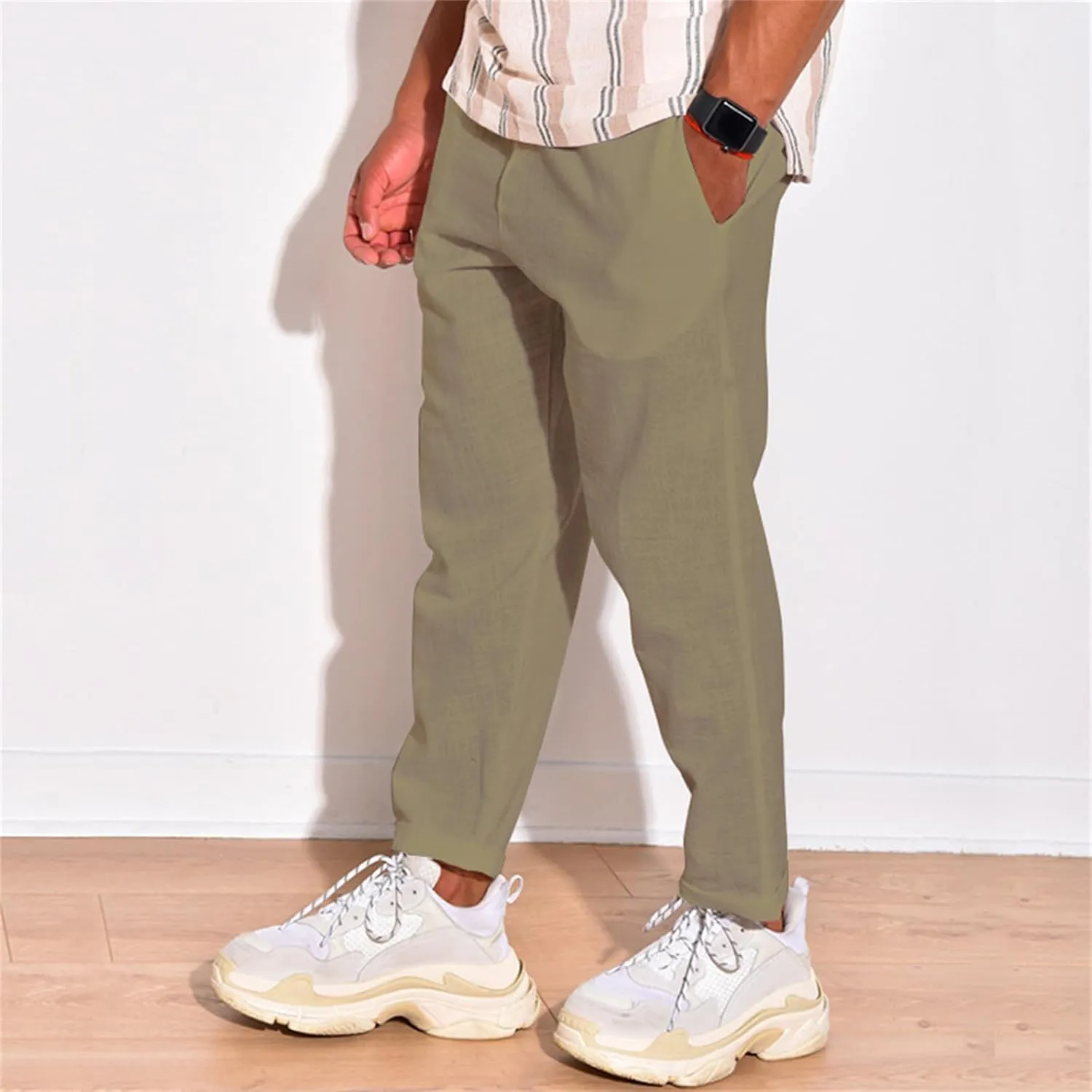Men's Linen Cotton Pants Casual Beach Trousers Fit Elastic Waist Joggers Drawstring Pants for All Season