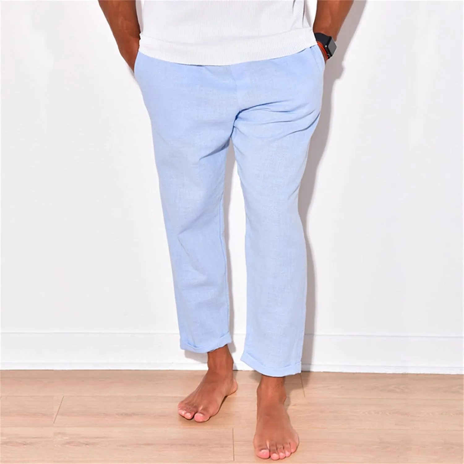 Men's Linen Cotton Pants Casual Beach Trousers Fit Elastic Waist Joggers Drawstring Pants for All Season