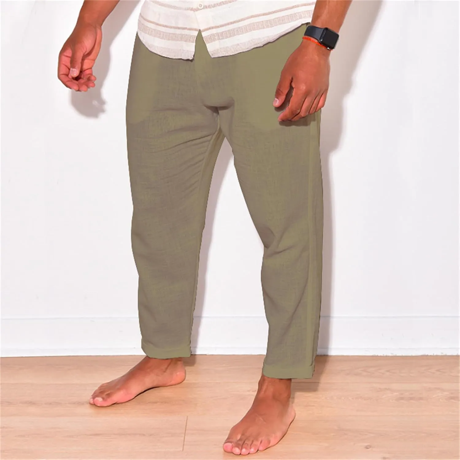 Men's Linen Cotton Pants Casual Beach Trousers Fit Elastic Waist Joggers Drawstring Pants for All Season