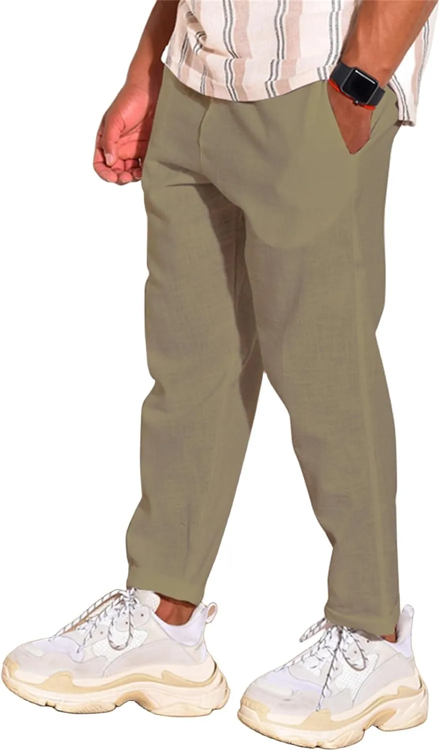Men's Linen Cotton Pants Casual Beach Trousers Fit Elastic Waist Joggers Drawstring Pants for All Season