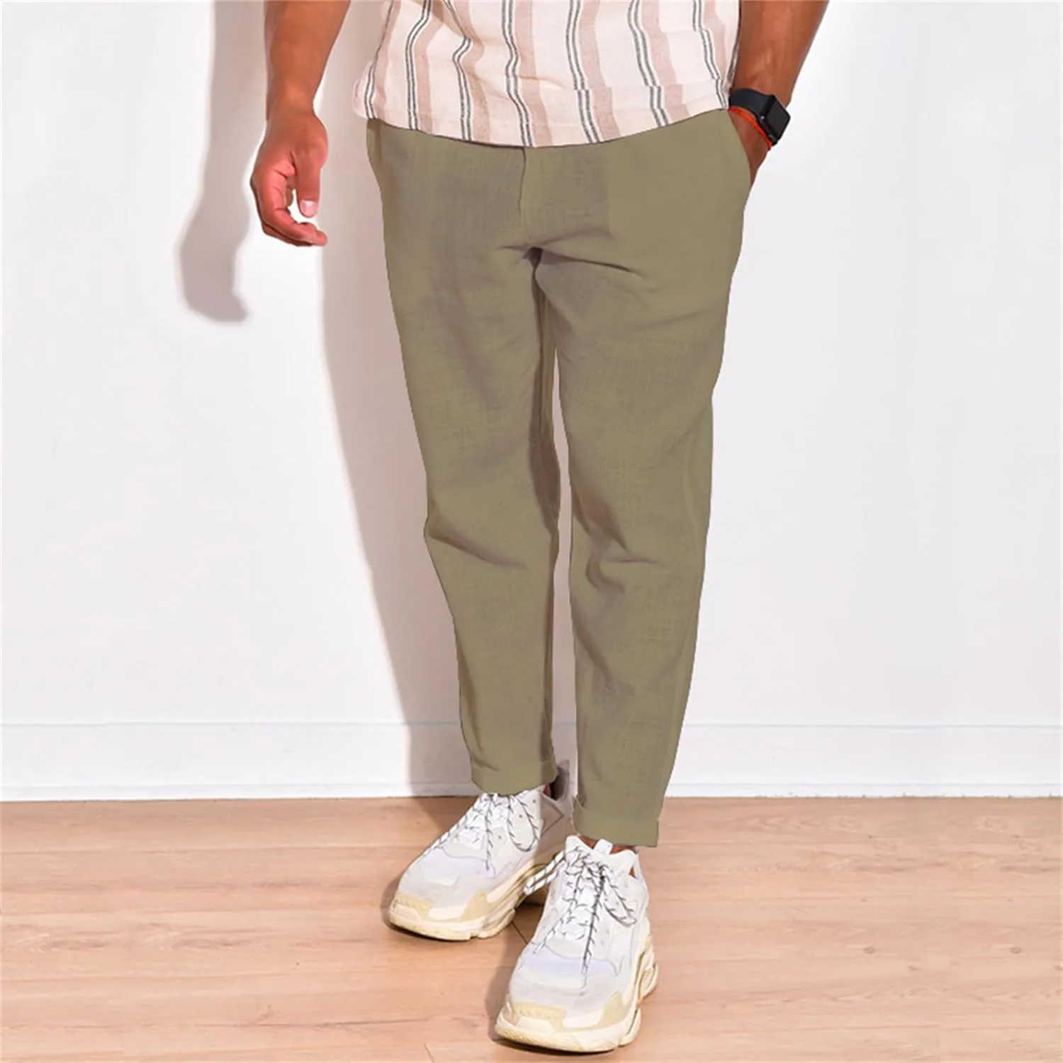 Men's Linen Cotton Pants Casual Beach Trousers Fit Elastic Waist Joggers Drawstring Pants for All Season