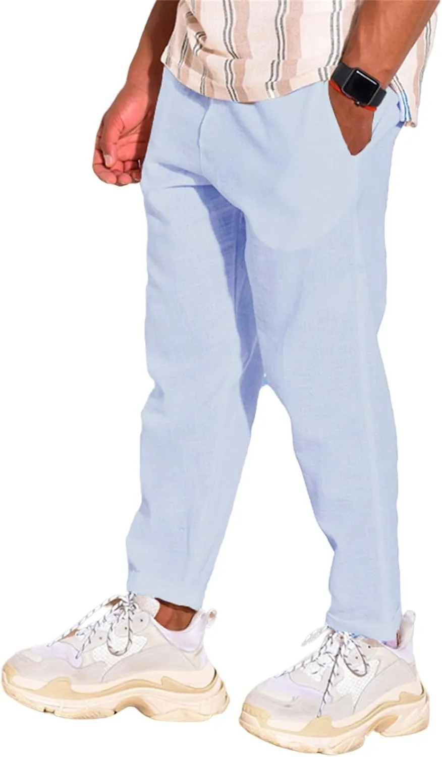 Men's Linen Cotton Pants Casual Beach Trousers Fit Elastic Waist Joggers Drawstring Pants for All Season