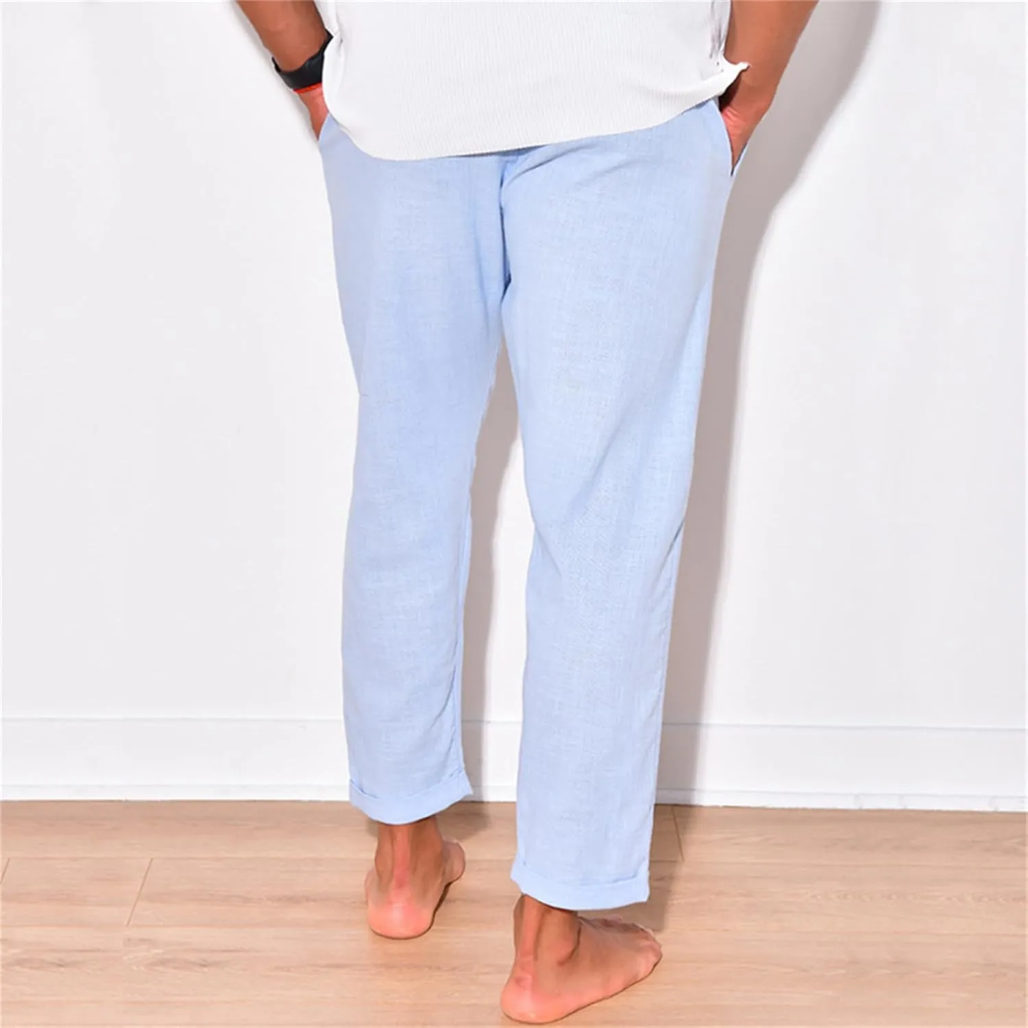 Men's Linen Cotton Pants Casual Beach Trousers Fit Elastic Waist Joggers Drawstring Pants for All Season