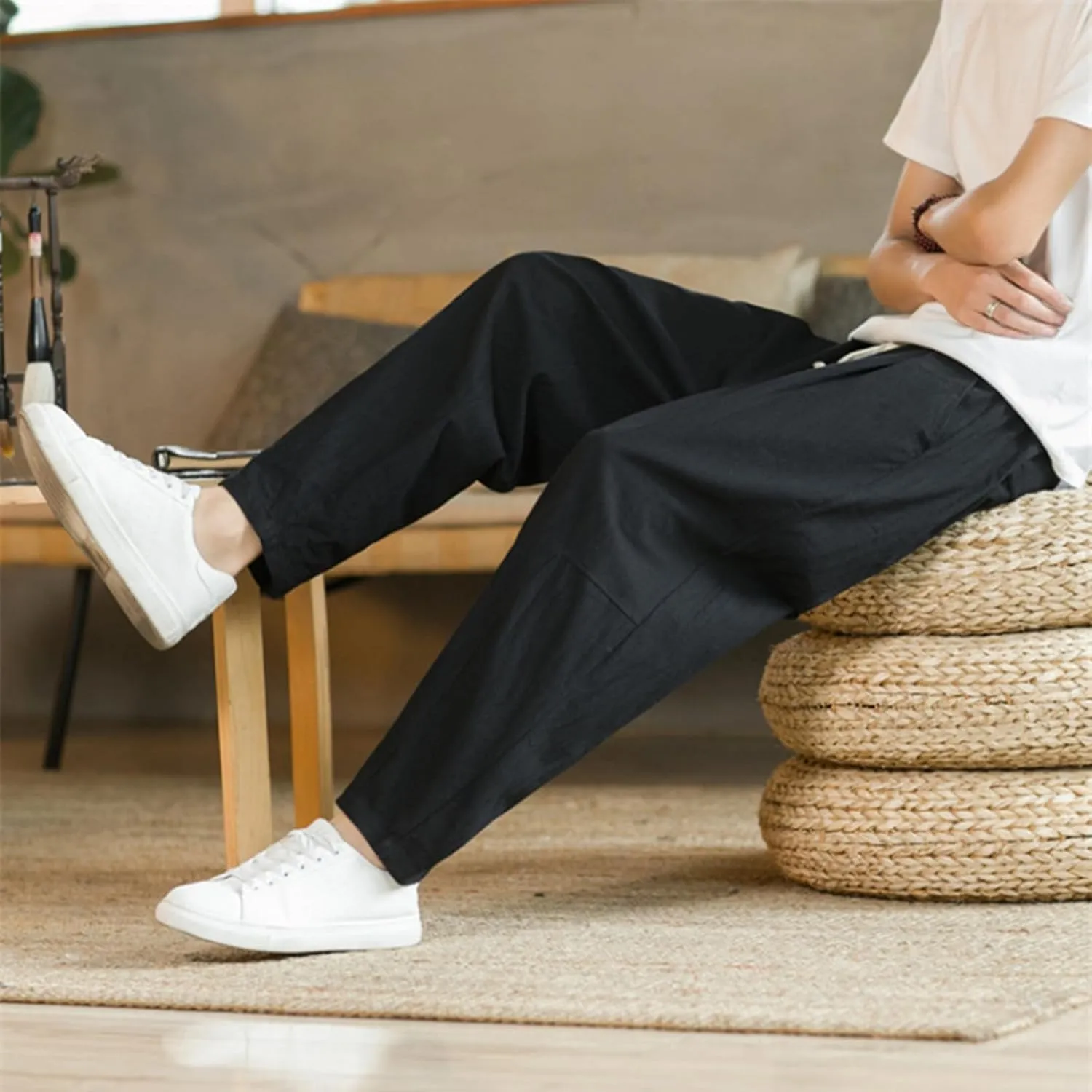 Mens Linen Cotton Pants Casual Drawstring Elastic Waist Beach Loose Fit Trousers Drawstring Loose Open Bottom Yoga Trousers