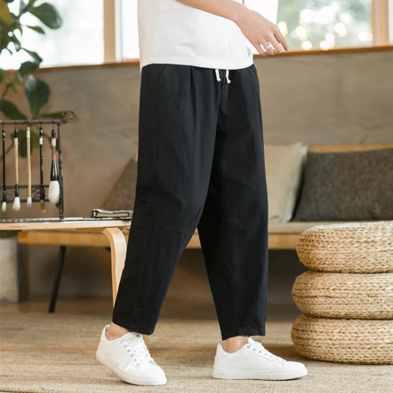 Mens Linen Cotton Pants Casual Drawstring Elastic Waist Beach Loose Fit Trousers Drawstring Loose Open Bottom Yoga Trousers