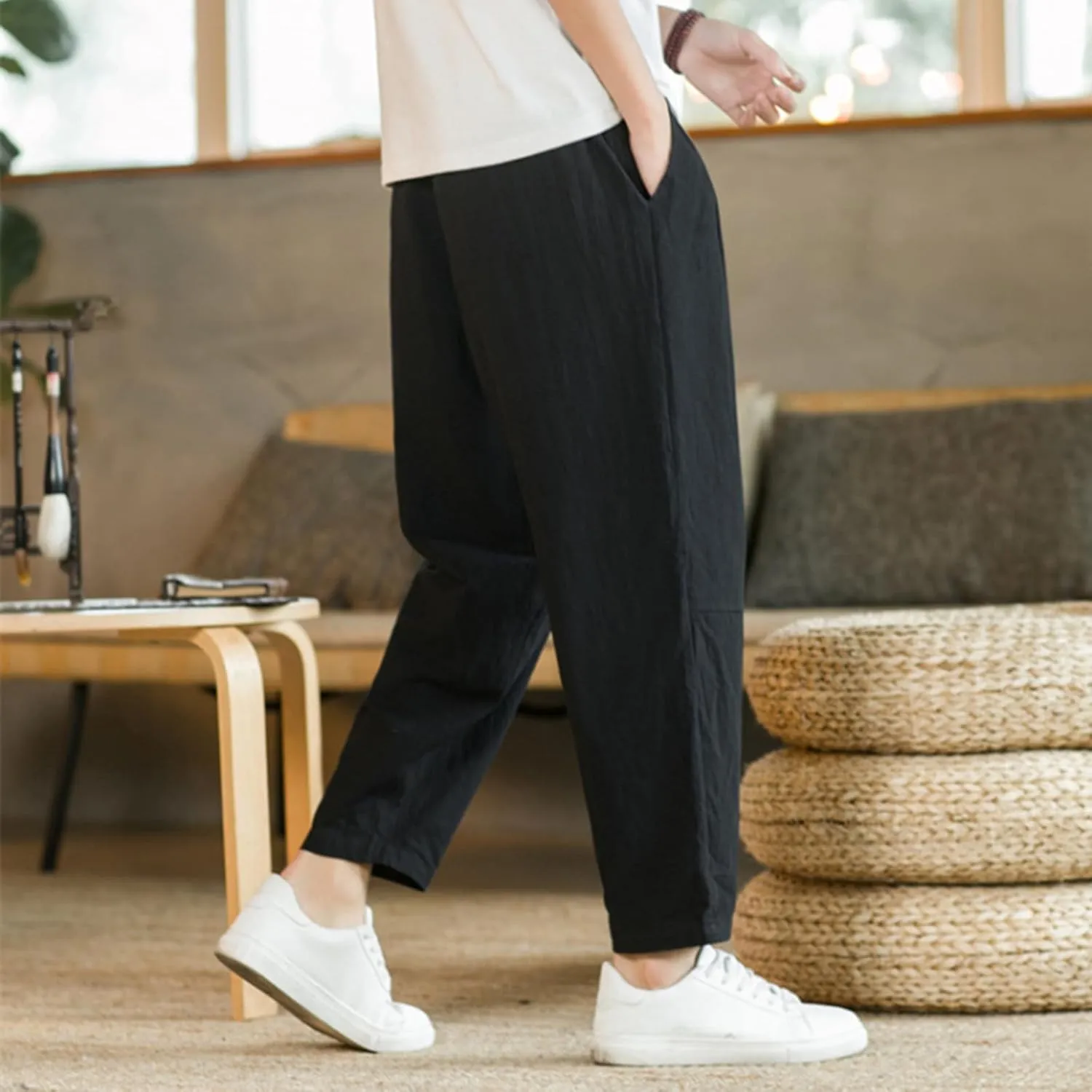 Mens Linen Cotton Pants Casual Drawstring Elastic Waist Beach Loose Fit Trousers Drawstring Loose Open Bottom Yoga Trousers