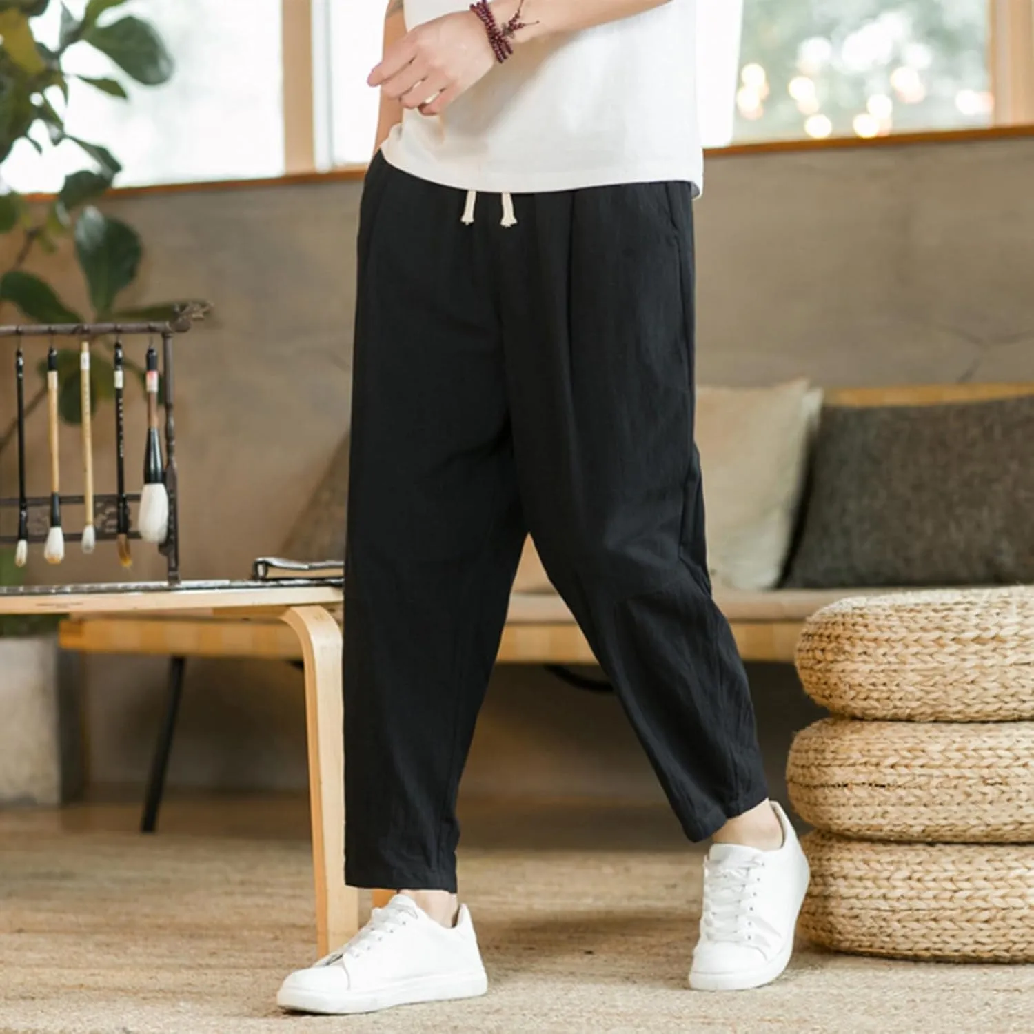 Mens Linen Cotton Pants Casual Drawstring Elastic Waist Beach Loose Fit Trousers Drawstring Loose Open Bottom Yoga Trousers
