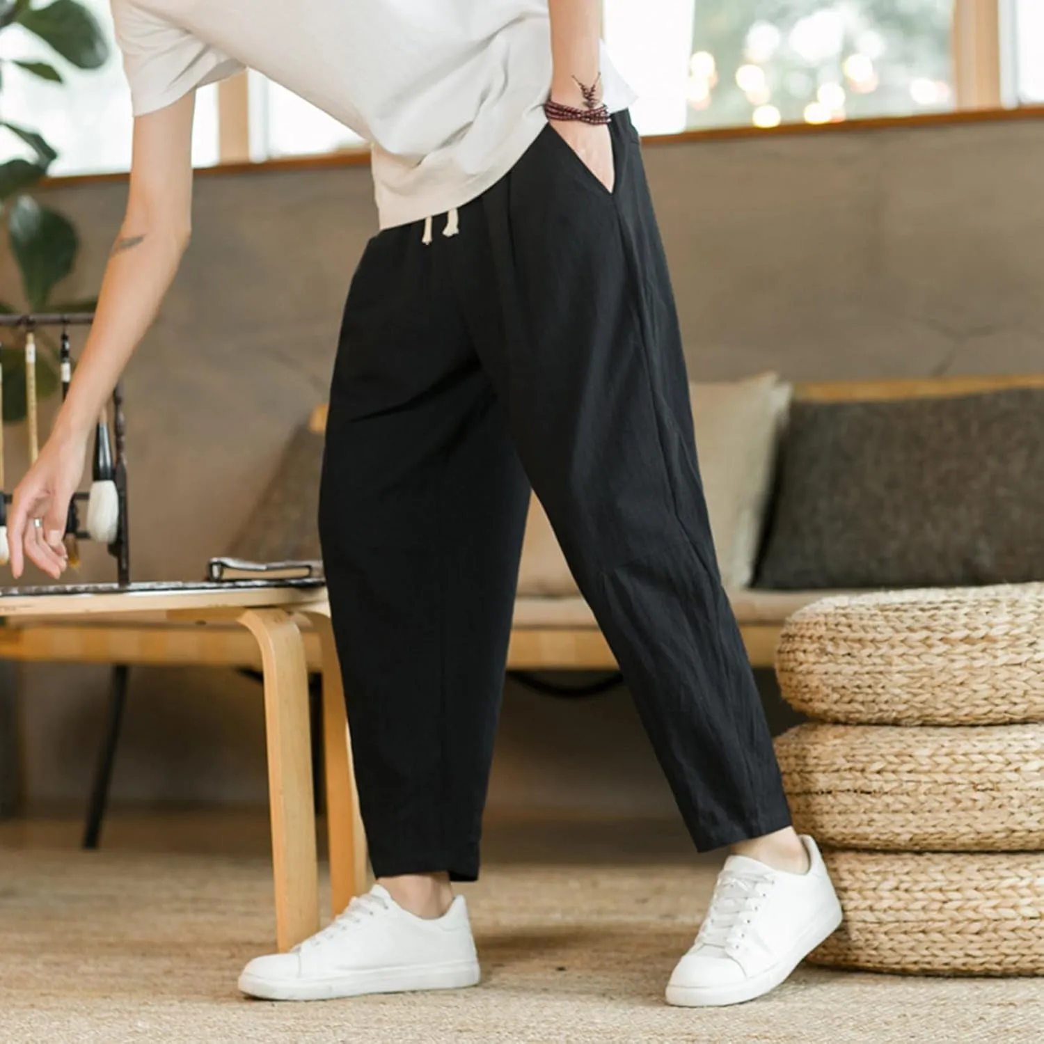 Mens Linen Cotton Pants Casual Drawstring Elastic Waist Beach Loose Fit Trousers Drawstring Loose Open Bottom Yoga Trousers