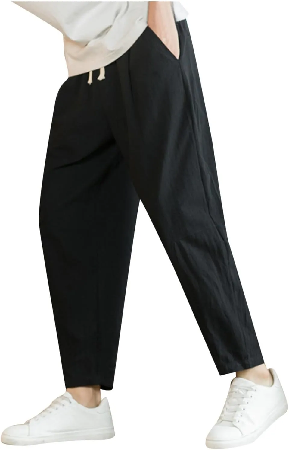 Mens Linen Cotton Pants Casual Drawstring Elastic Waist Beach Loose Fit Trousers Drawstring Loose Open Bottom Yoga Trousers