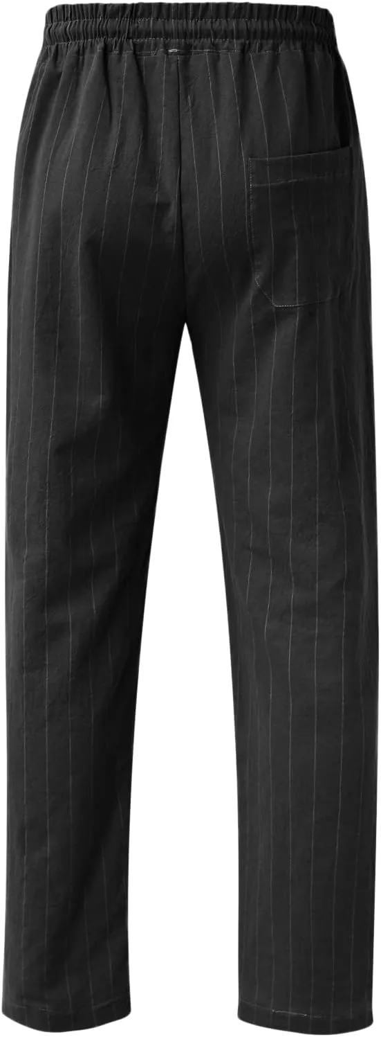 Men's Linen Cotton Pants Lightweight Elastic Waist Striped Solid Colors Casual Wear with Pockets for Beach Yoga