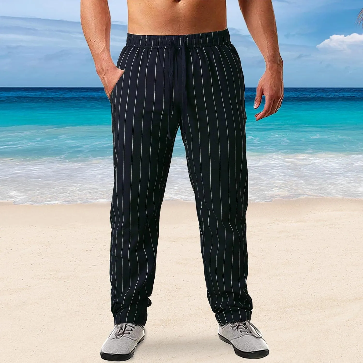 Men's Linen Cotton Pants Lightweight Elastic Waist Striped Solid Colors Casual Wear with Pockets for Beach Yoga