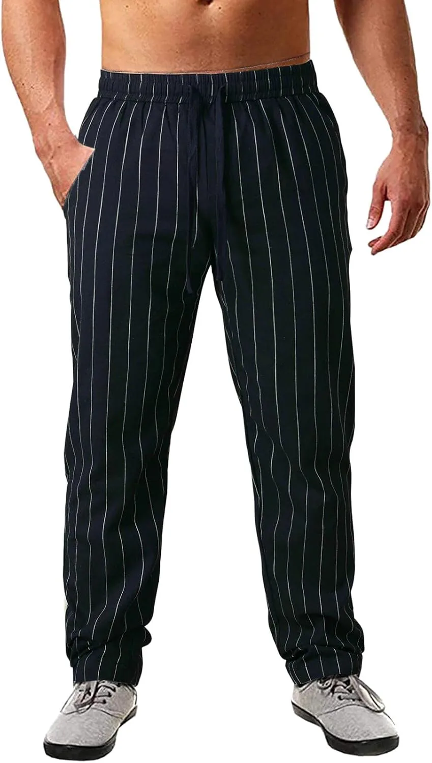Men's Linen Cotton Pants Lightweight Elastic Waist Striped Solid Colors Casual Wear with Pockets for Beach Yoga