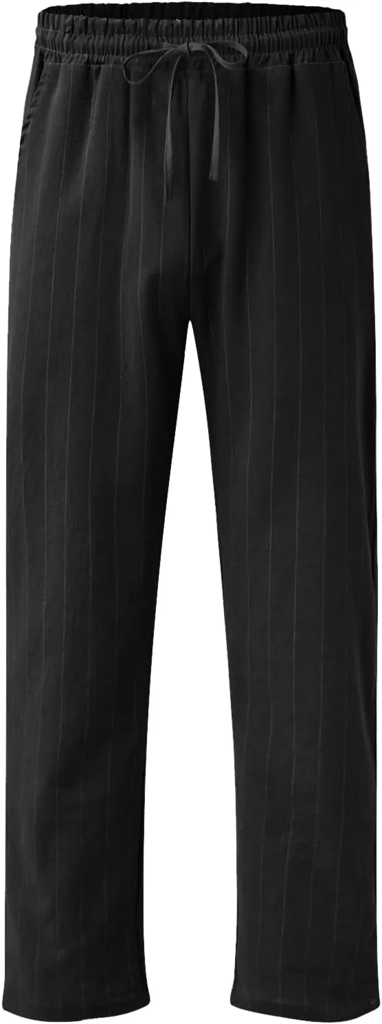 Men's Linen Cotton Pants Lightweight Elastic Waist Striped Solid Colors Casual Wear with Pockets for Beach Yoga