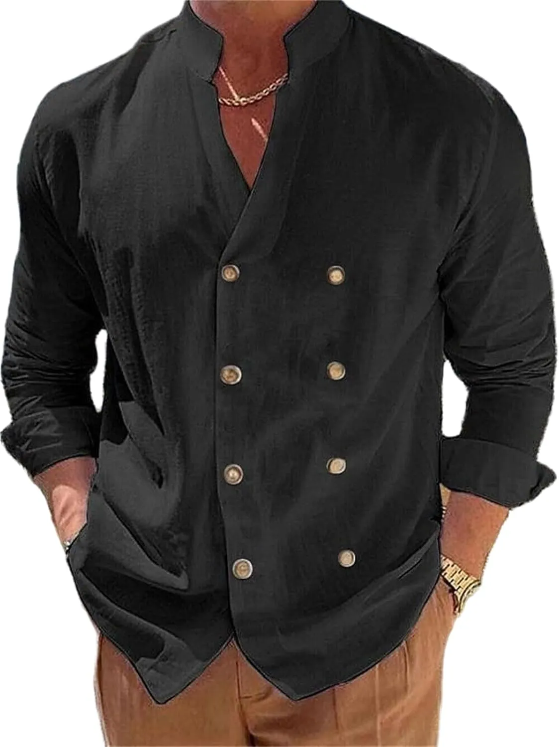 Mens Linen Double-Breasted Shirts Long Sleeve Button Down Shirts Beach Shirt Vacation Beach Summer Top
