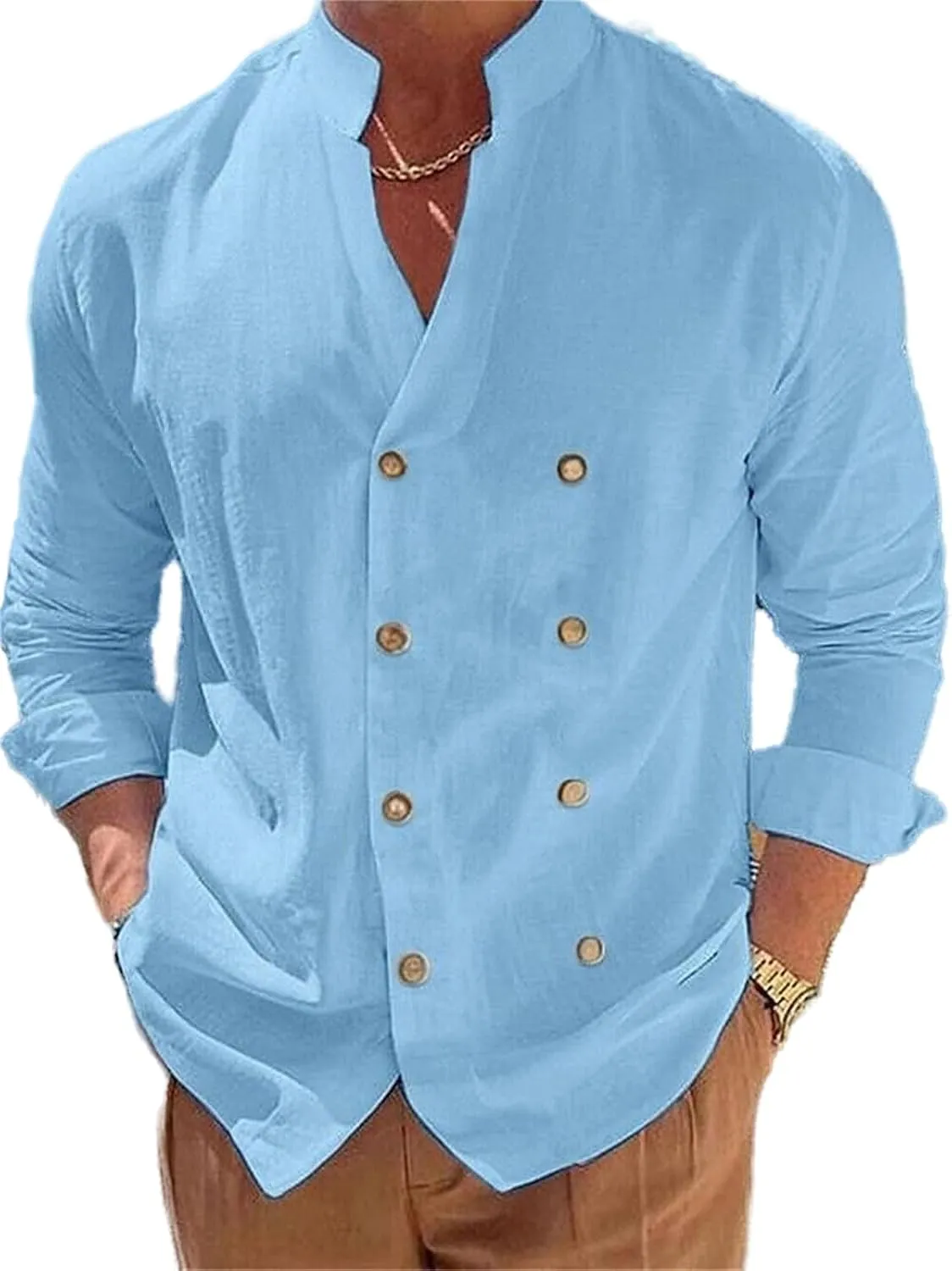 Mens Linen Double-Breasted Shirts Long Sleeve Button Down Shirts Beach Shirt Vacation Beach Summer Top