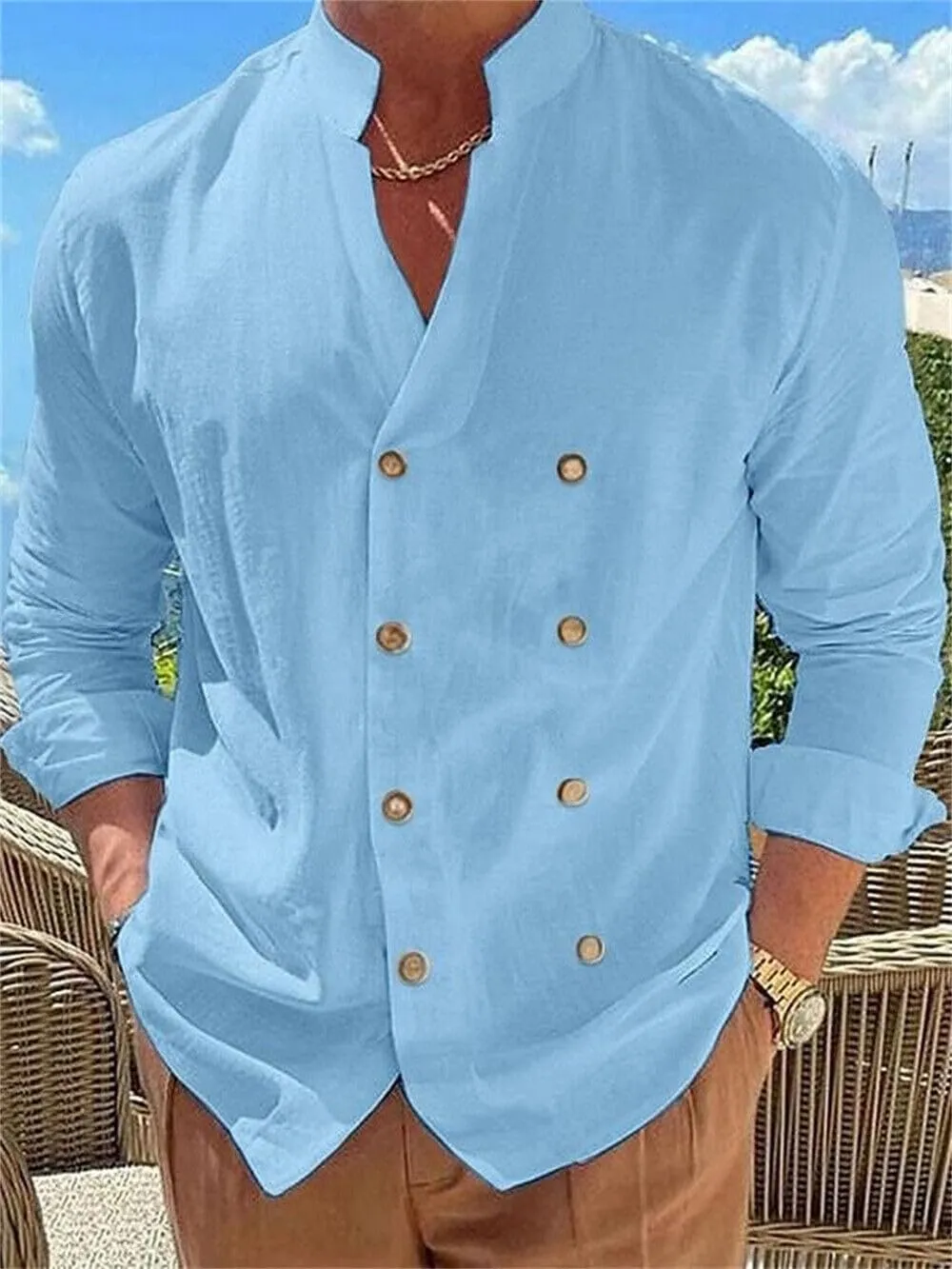Mens Linen Double-Breasted Shirts Long Sleeve Button Down Shirts Beach Shirt Vacation Beach Summer Top