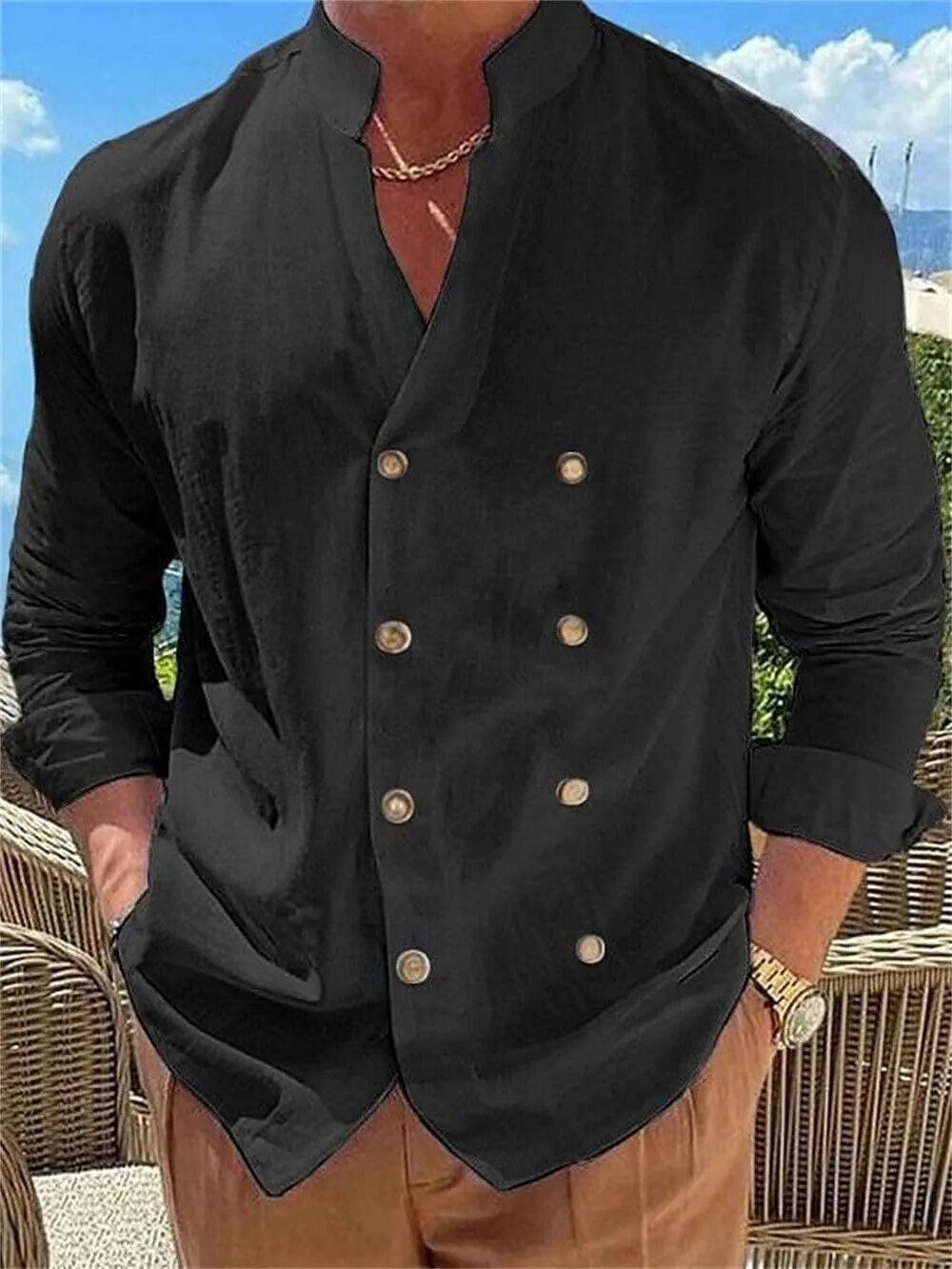 Mens Linen Double-Breasted Shirts Long Sleeve Button Down Shirts Beach Shirt Vacation Beach Summer Top