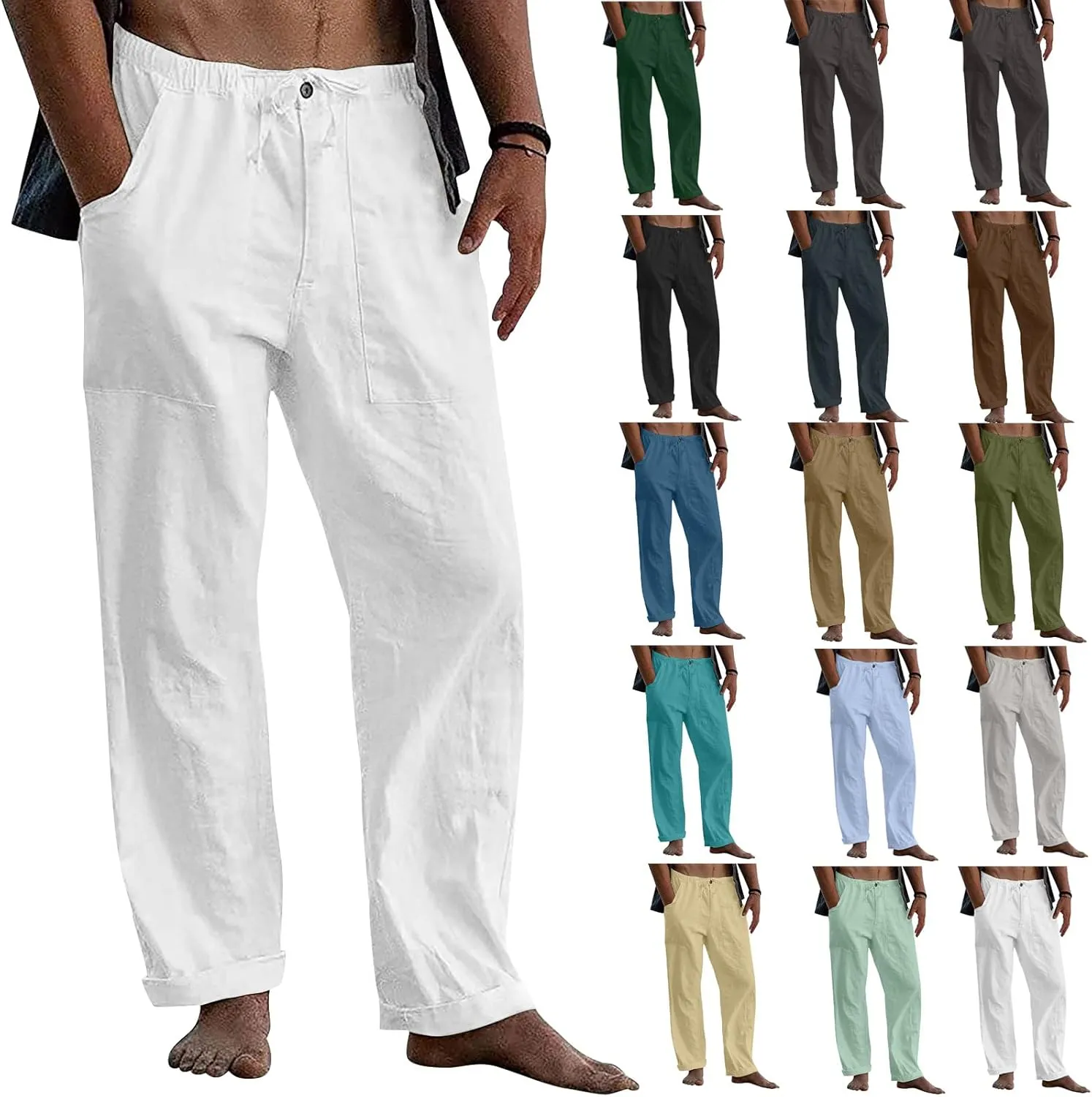 Mens Linen Drawstring Pants Elastic Waist Lightweight Trouser Casual Yoga Summer Beach Pant Baggy Trousers with Pockets