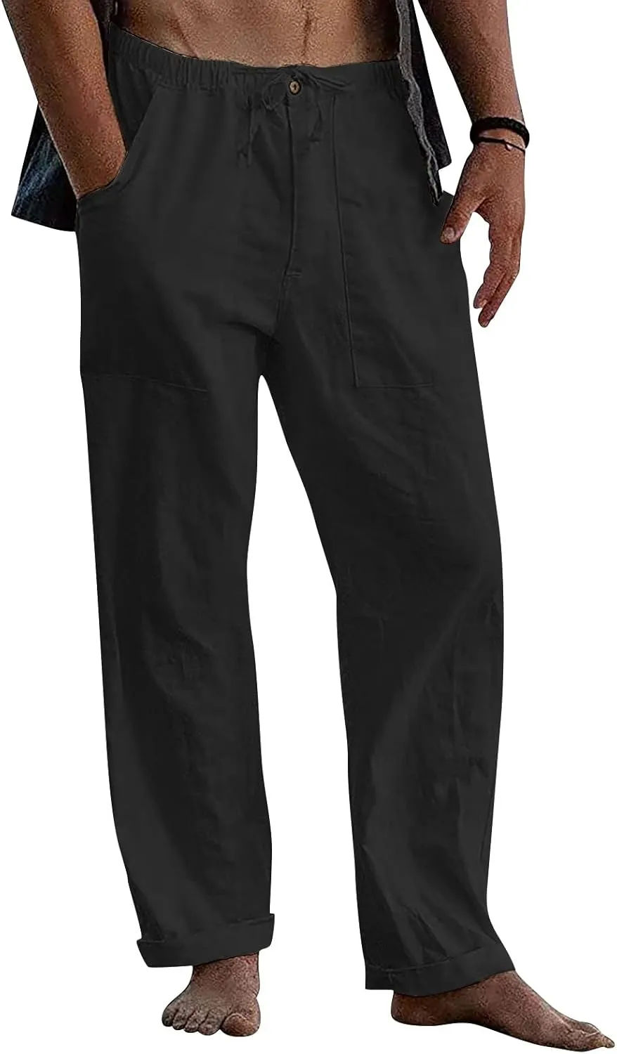Mens Linen Drawstring Pants Elastic Waist Lightweight Trouser Casual Yoga Summer Beach Pant Baggy Trousers with Pockets