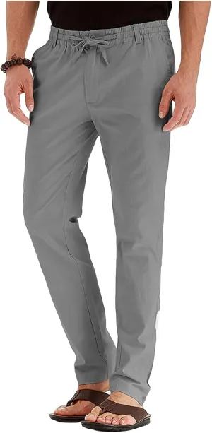 Mens Linen Drawstring Pants Jogger Loose Stretch Sweatpants Soft Elastic Waist Casual Fall Bussiness Trousers