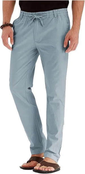 Mens Linen Drawstring Pants Jogger Loose Stretch Sweatpants Soft Elastic Waist Casual Fall Bussiness Trousers