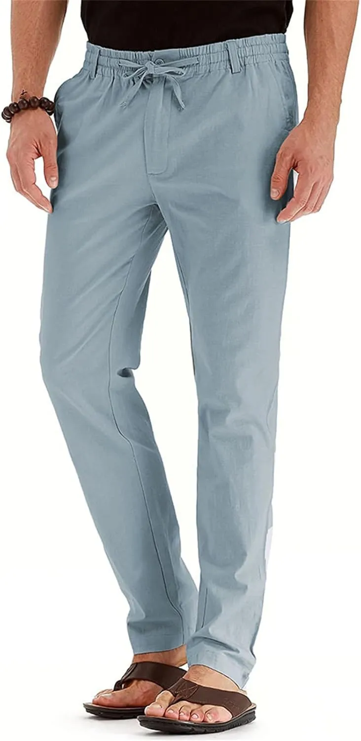 Mens Linen Drawstring Pants Jogger Loose Stretch Sweatpants Soft Elastic Waist Casual Fall Bussiness Trousers