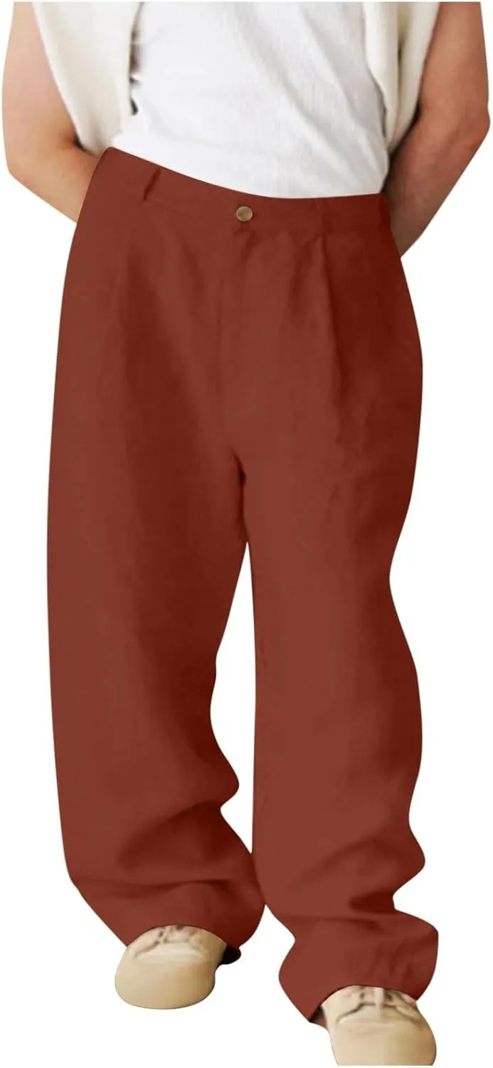Mens Linen Dress Pants Business Casual Summer Beach Wedding Suit Pants Regular Fit Wide Leg Lounge Trousers Slacks
