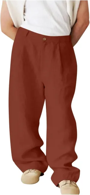 Mens Linen Dress Pants Business Casual Summer Beach Wedding Suit Pants Regular Fit Wide Leg Lounge Trousers Slacks
