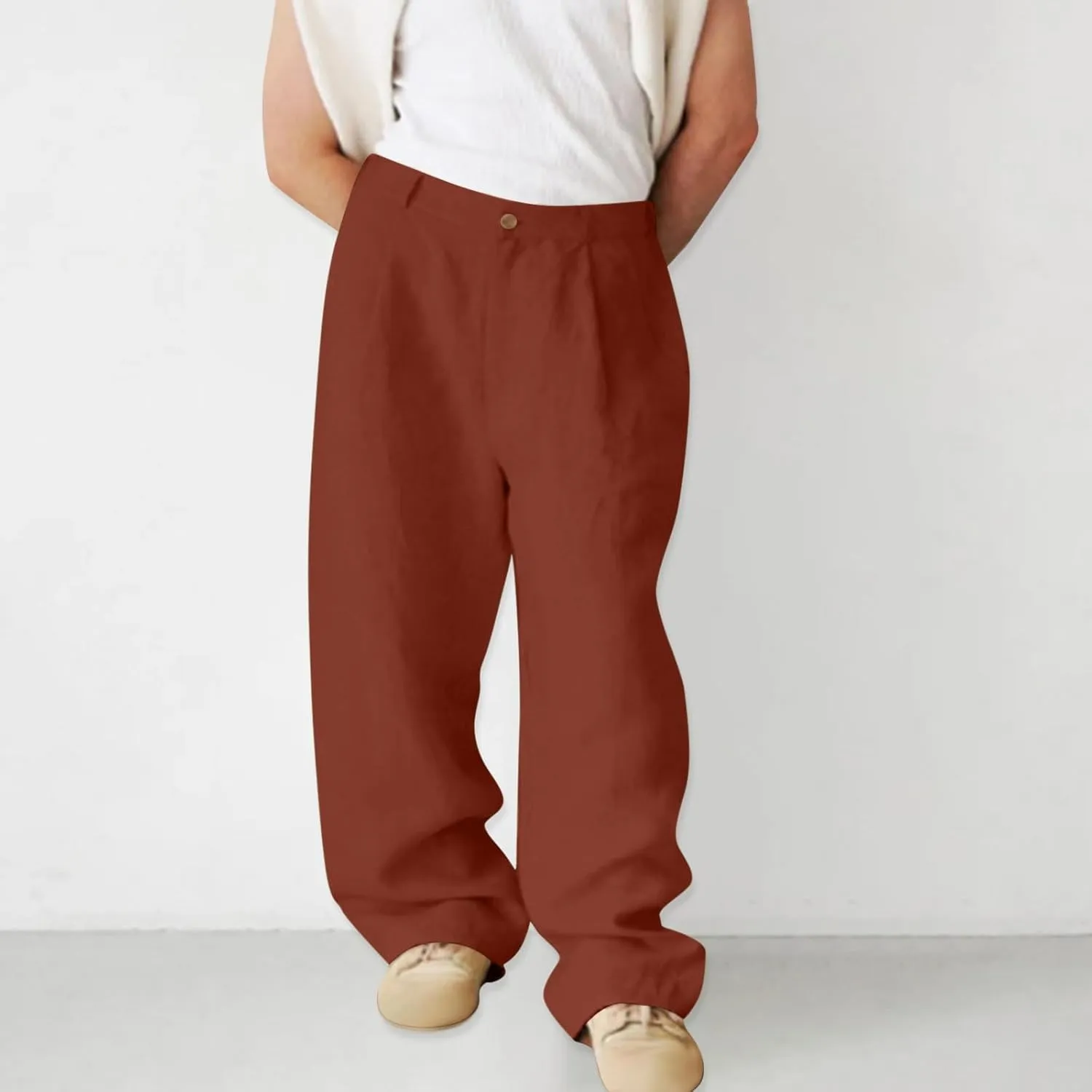 Mens Linen Dress Pants Business Casual Summer Beach Wedding Suit Pants Regular Fit Wide Leg Lounge Trousers Slacks