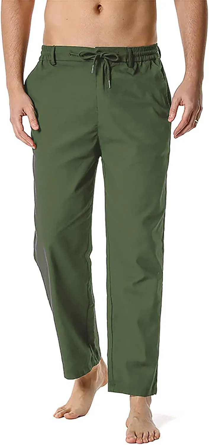 Mens Linen Dress Pants Elastic Wasit Straight Leg Regular Fit Summer Beach Pants Formal Business Casual Suit Pants