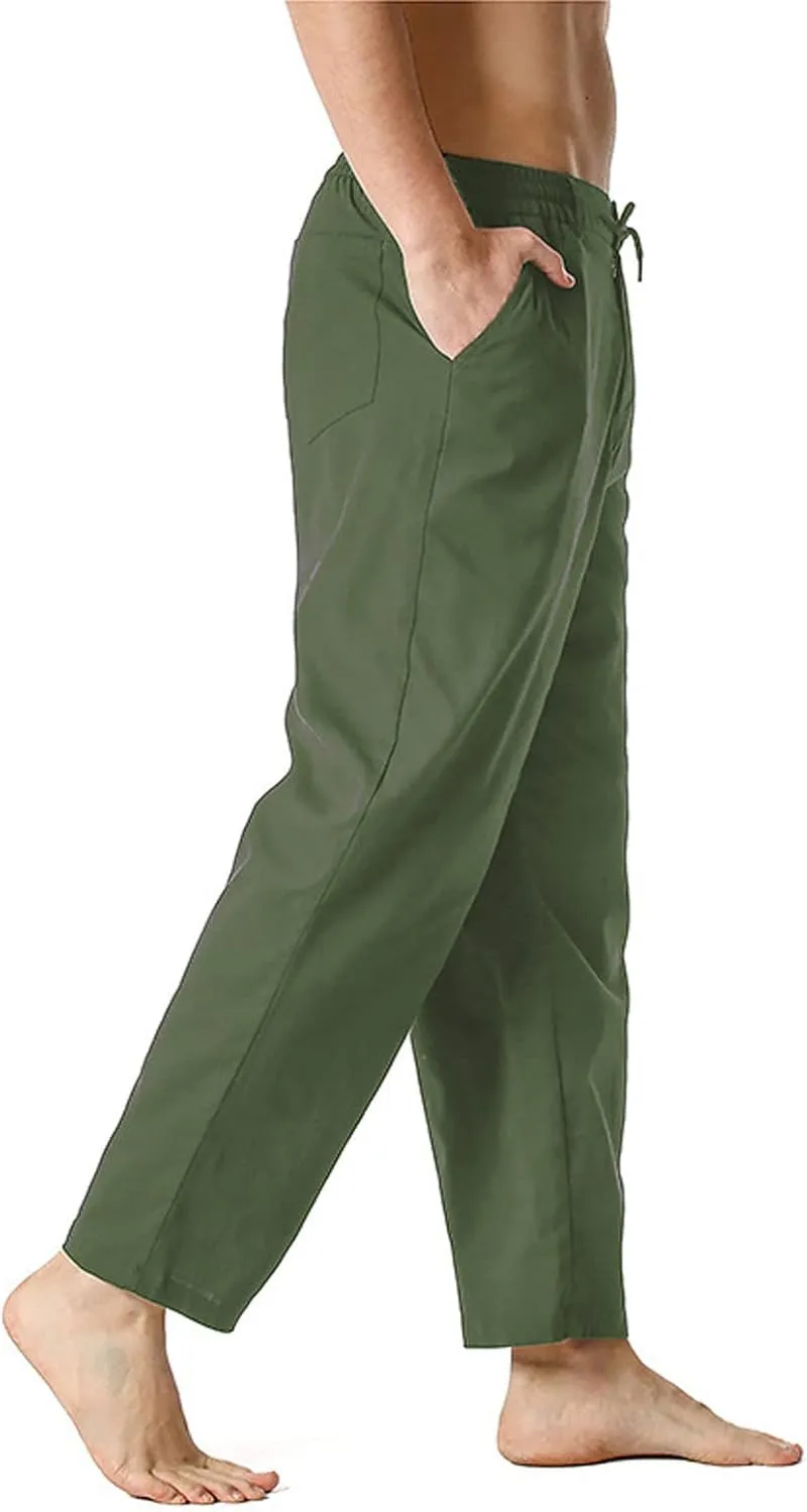 Mens Linen Dress Pants Elastic Wasit Straight Leg Regular Fit Summer Beach Pants Formal Business Casual Suit Pants