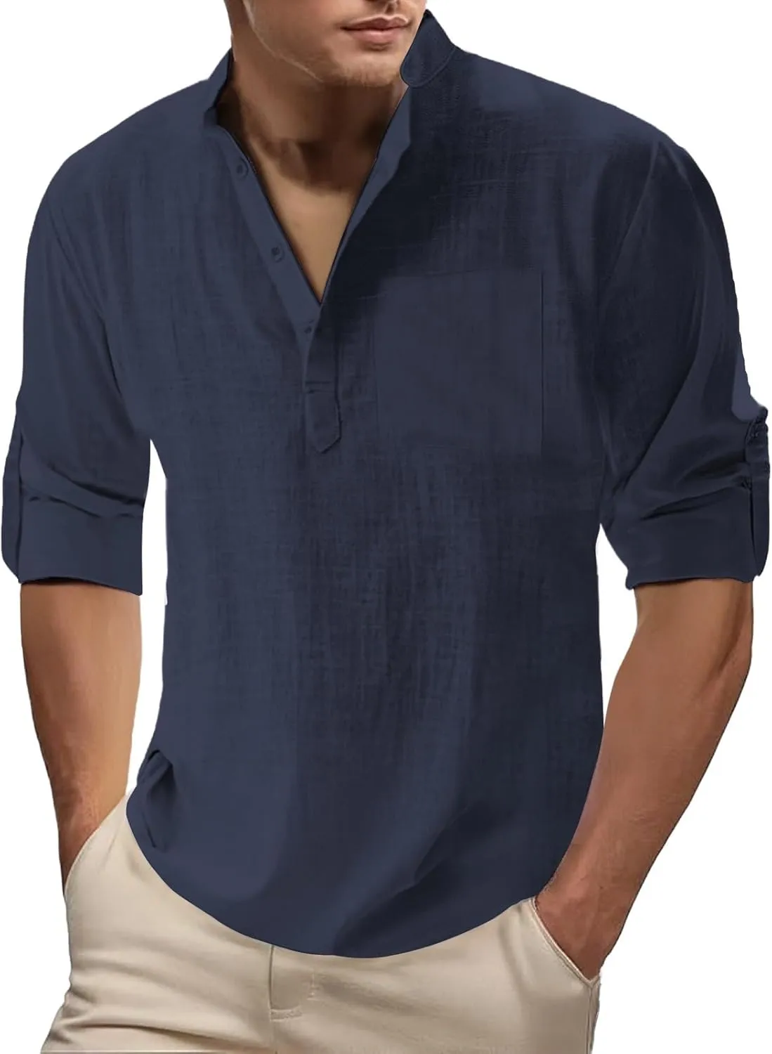 Men's Linen Henley Shirts Casual Cotton 3/4 Sleeve Regular-Fit Summer T-Shirt Breathable Quick Dry Hippie Beach Shirt