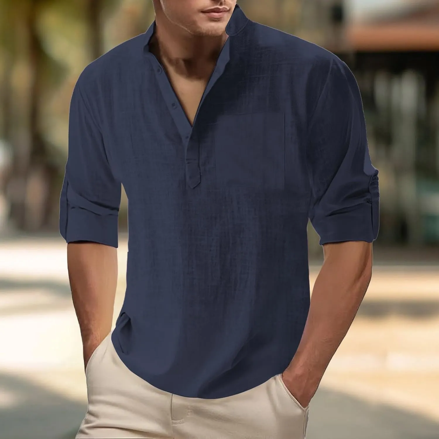 Men's Linen Henley Shirts Casual Cotton 3/4 Sleeve Regular-Fit Summer T-Shirt Breathable Quick Dry Hippie Beach Shirt