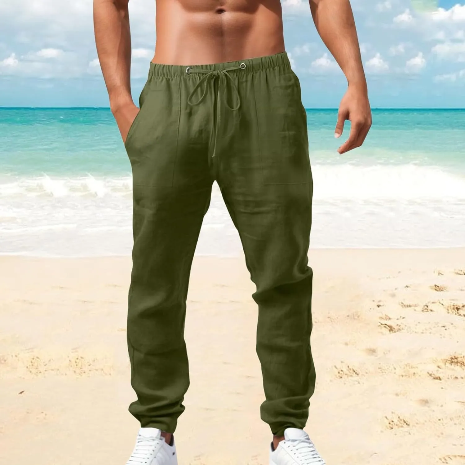 Men's Linen Pants Casual Drawstring Elastic Waist Pants Loose Fit Lightweight Summer Beach Yoga Trouser with Pocket