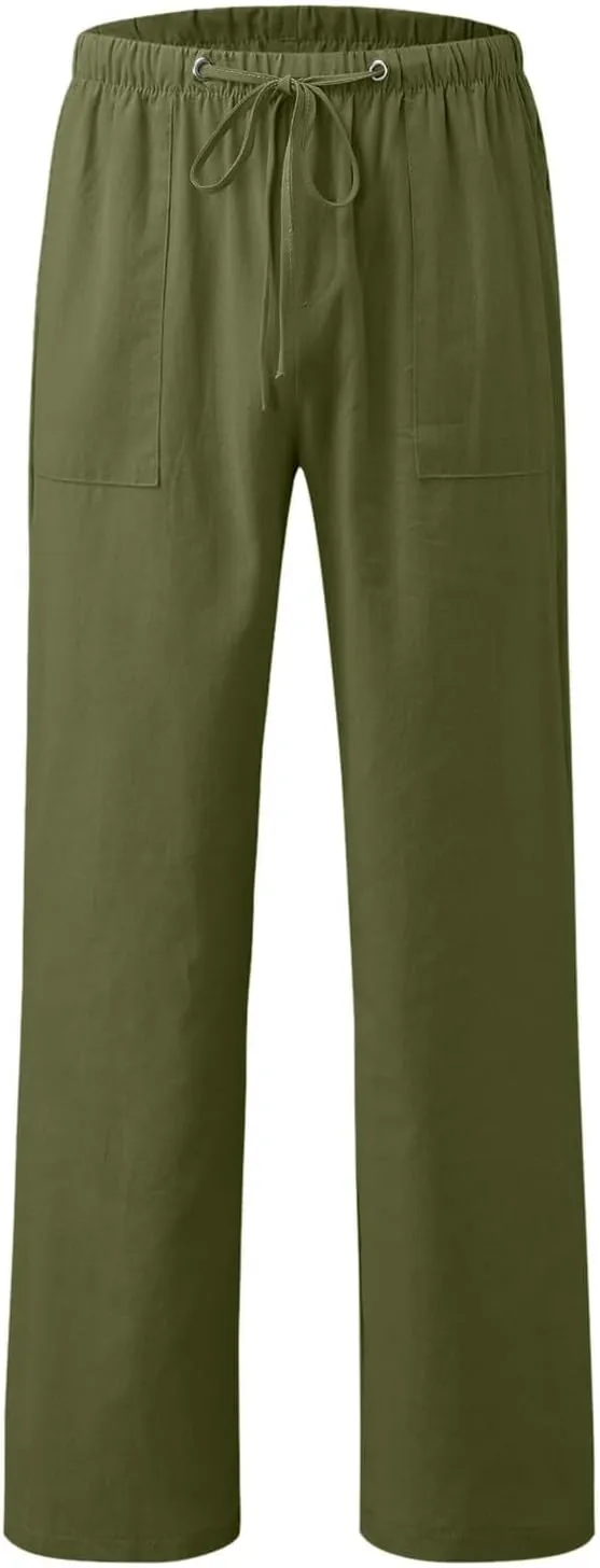 Men's Linen Pants Casual Drawstring Elastic Waist Pants Loose Fit Lightweight Summer Beach Yoga Trouser with Pocket