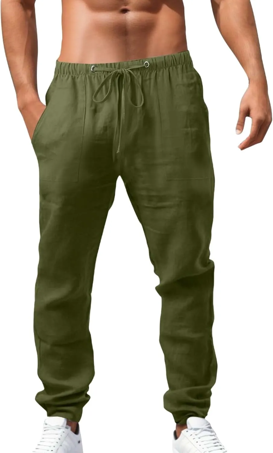 Men's Linen Pants Casual Drawstring Elastic Waist Pants Loose Fit Lightweight Summer Beach Yoga Trouser with Pocket