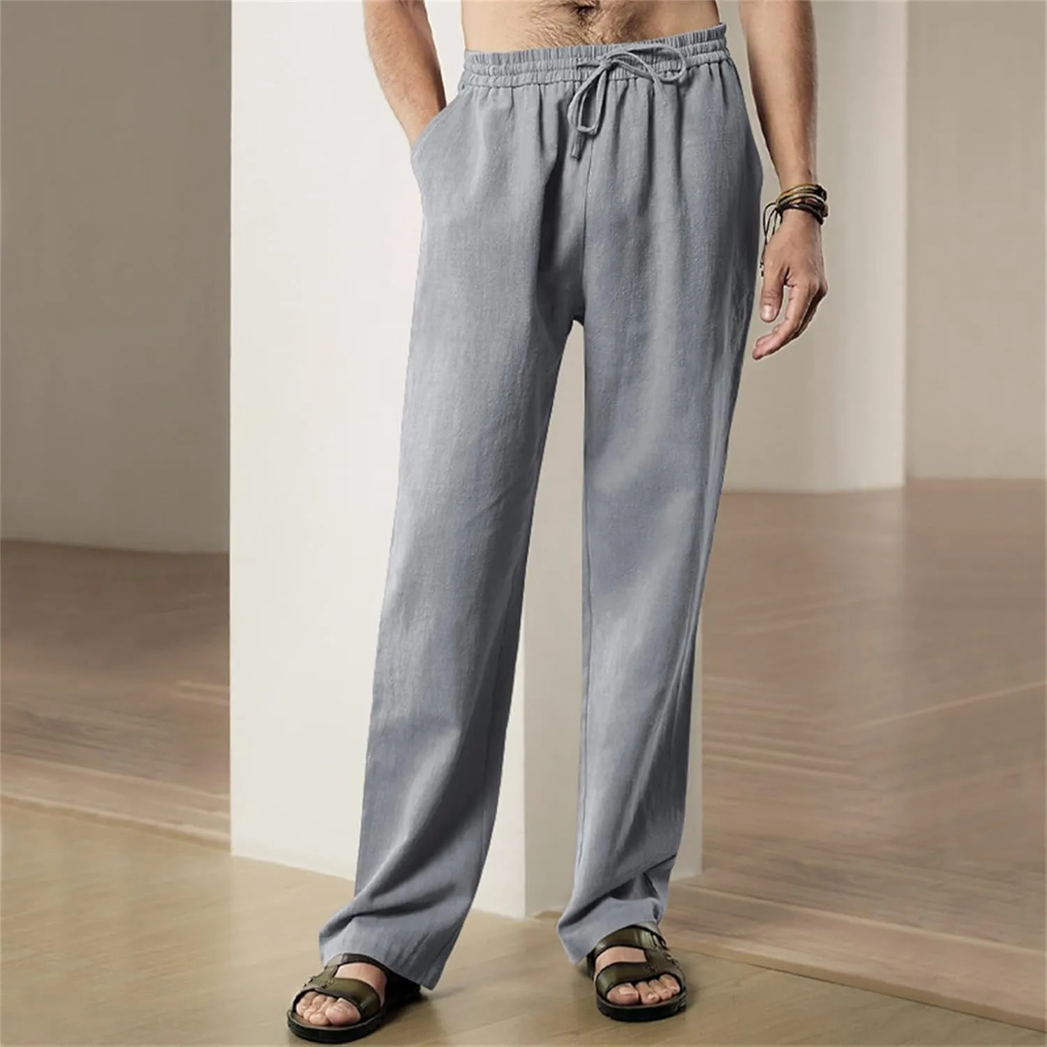 Men's Linen Pants Drawstring Elastic Waist for Yoga Beach Casual Wear Lightweight Loose Fit for Warm Weather