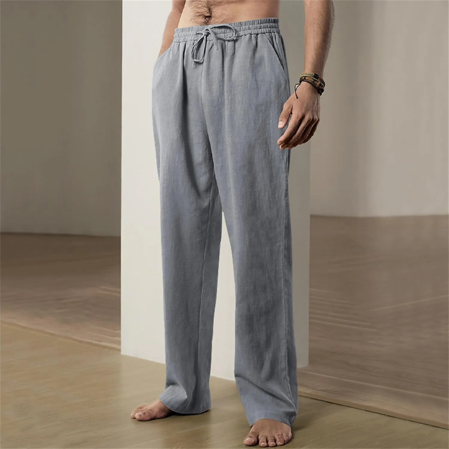 Men's Linen Pants Drawstring Elastic Waist for Yoga Beach Casual Wear Lightweight Loose Fit for Warm Weather