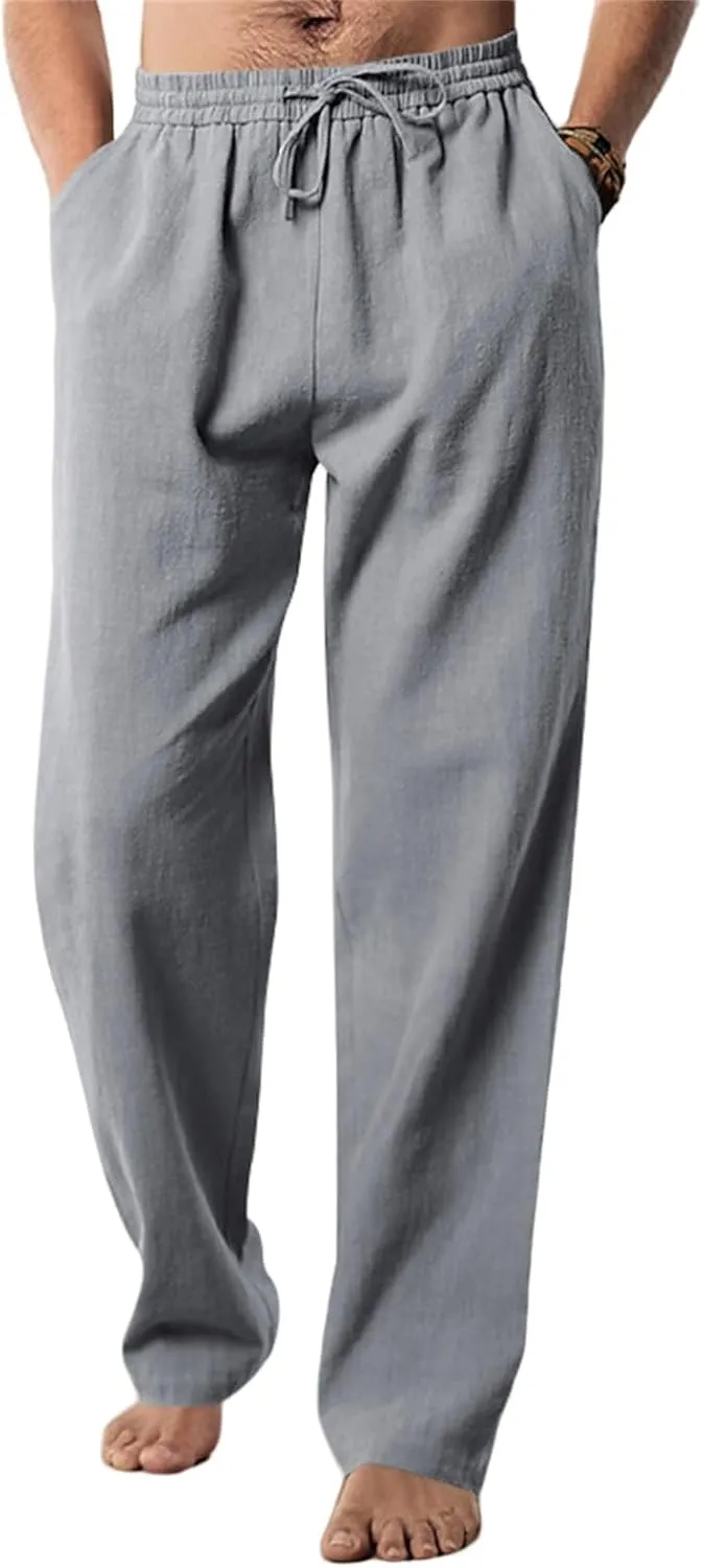 Men's Linen Pants Drawstring Elastic Waist for Yoga Beach Casual Wear Lightweight Loose Fit for Warm Weather